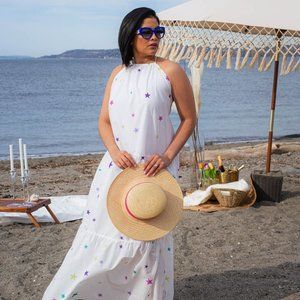 Long White Dress with multi-colored stars